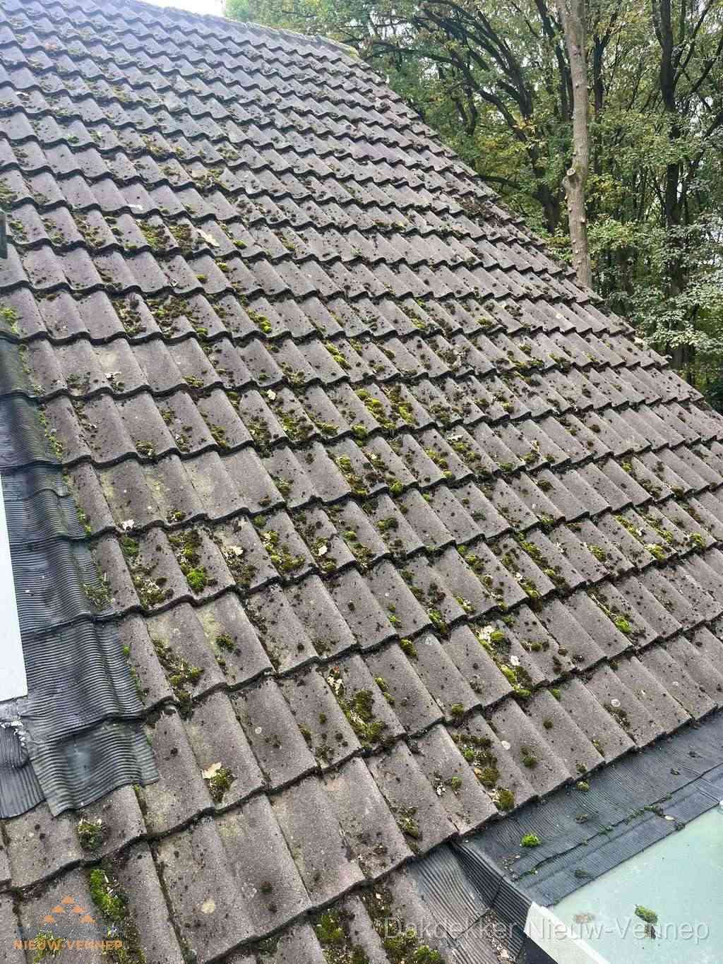 Verweerd pannendak met mosgroei dat renovatie nodig heeft in Nieuw-Vennep Verweerd pannendak met mosgroei dat renovatie nodig heeft in Nieuw-Vennep